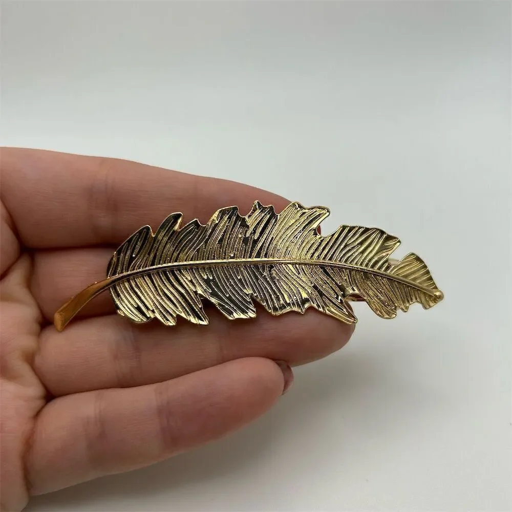 Gold Tone Leaf Feather Hair Barrette Clip Lightweight Classic Chic Boho Fall